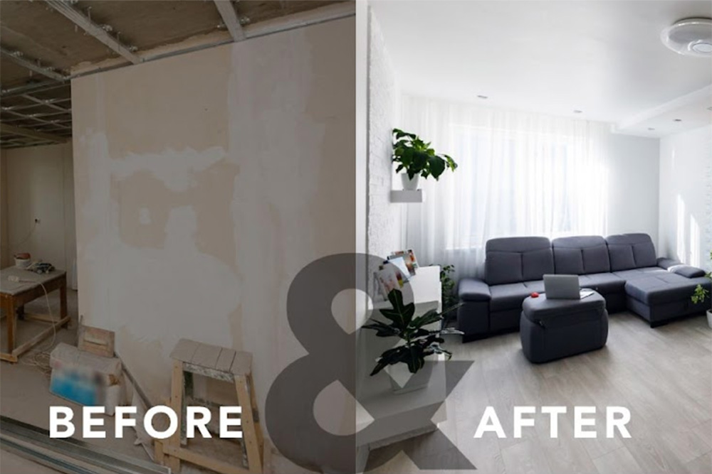 Before & After photos of a living room that was remolded and decorated