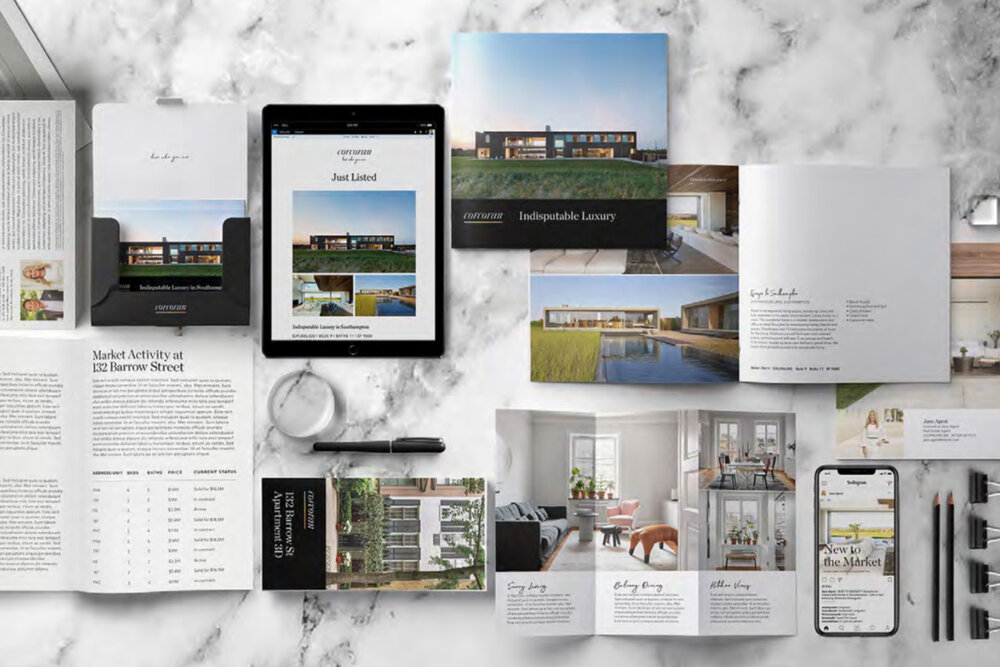 Collage of marketing pieces. Trifolds, brochures, business cards, views of websites on tablet and phone.
